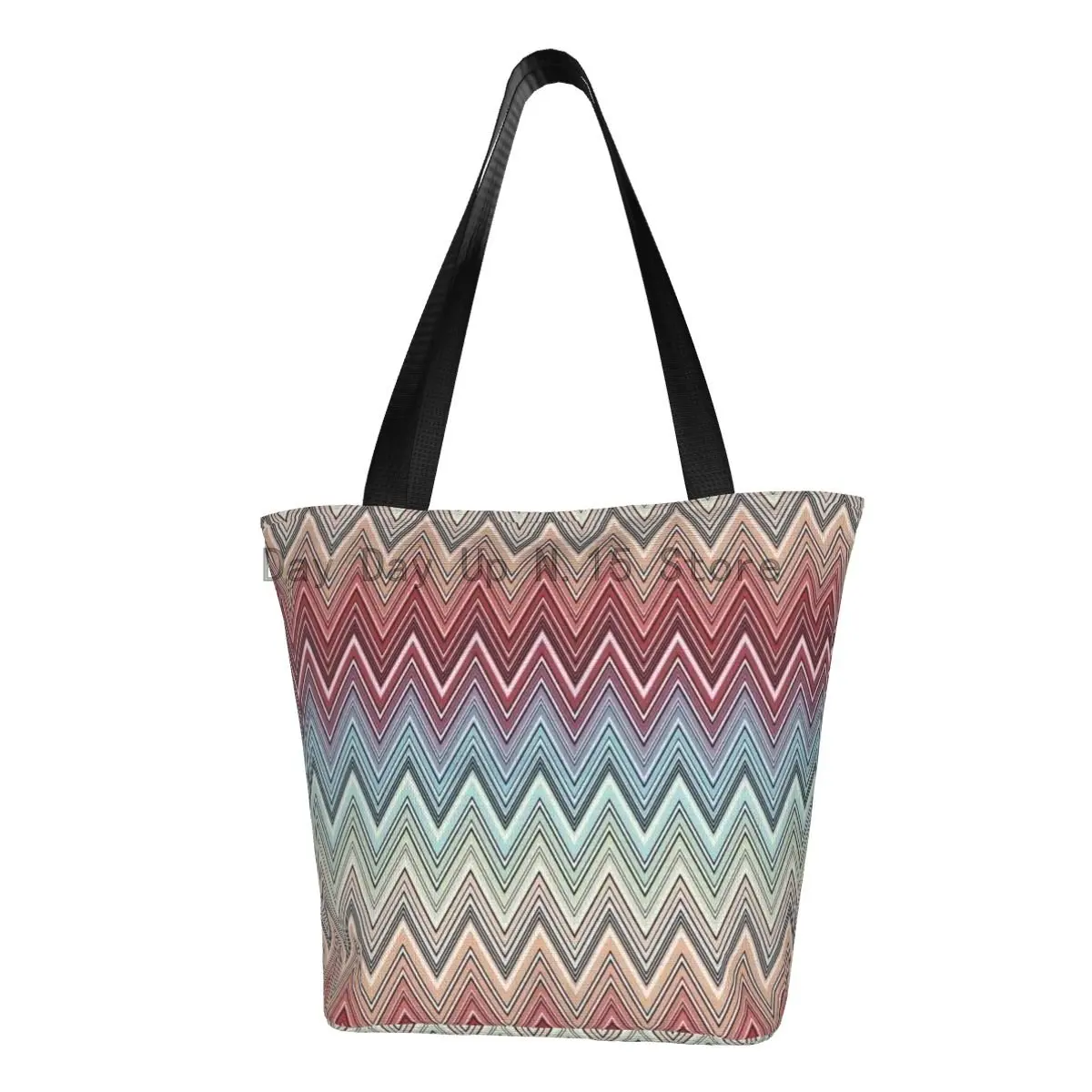

Multicolor Chic Zigzag Grocery Shopping Tote Bags Custom Boho Chic Zig Zag Canvas Shoulder Shopper Bags Big Capacity Handbag