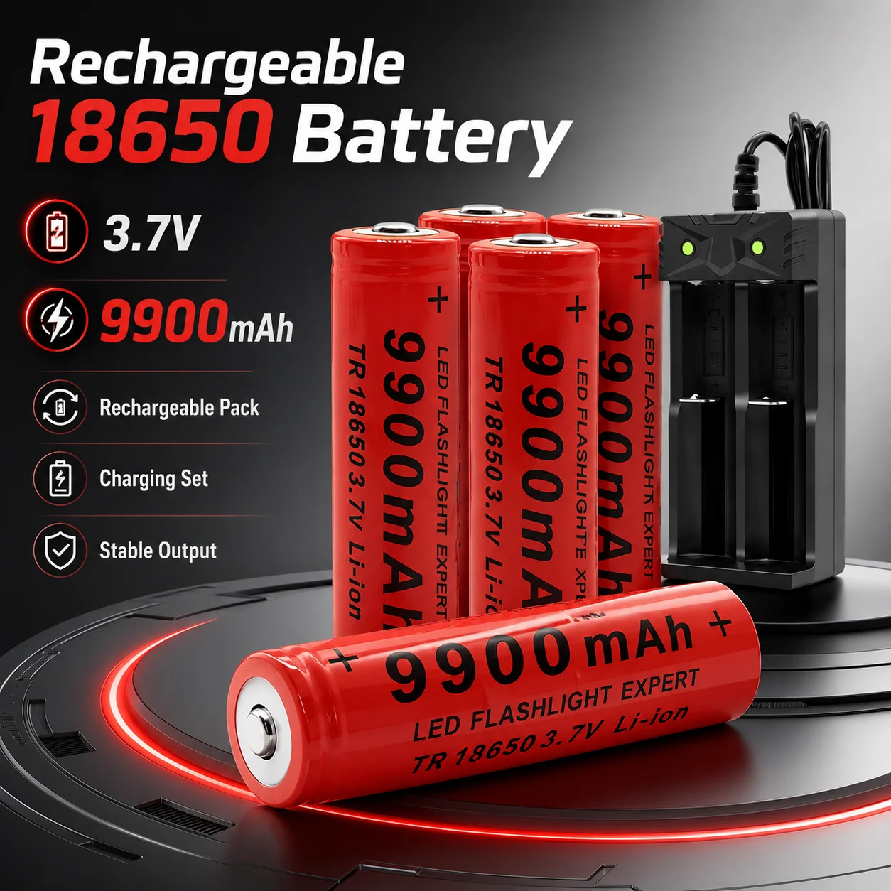 18650 3.7V 9900mAh Rechargeable Li-ion Battery Button Top Large Capacity Cell for Flashlight Headlamp Portable Devices