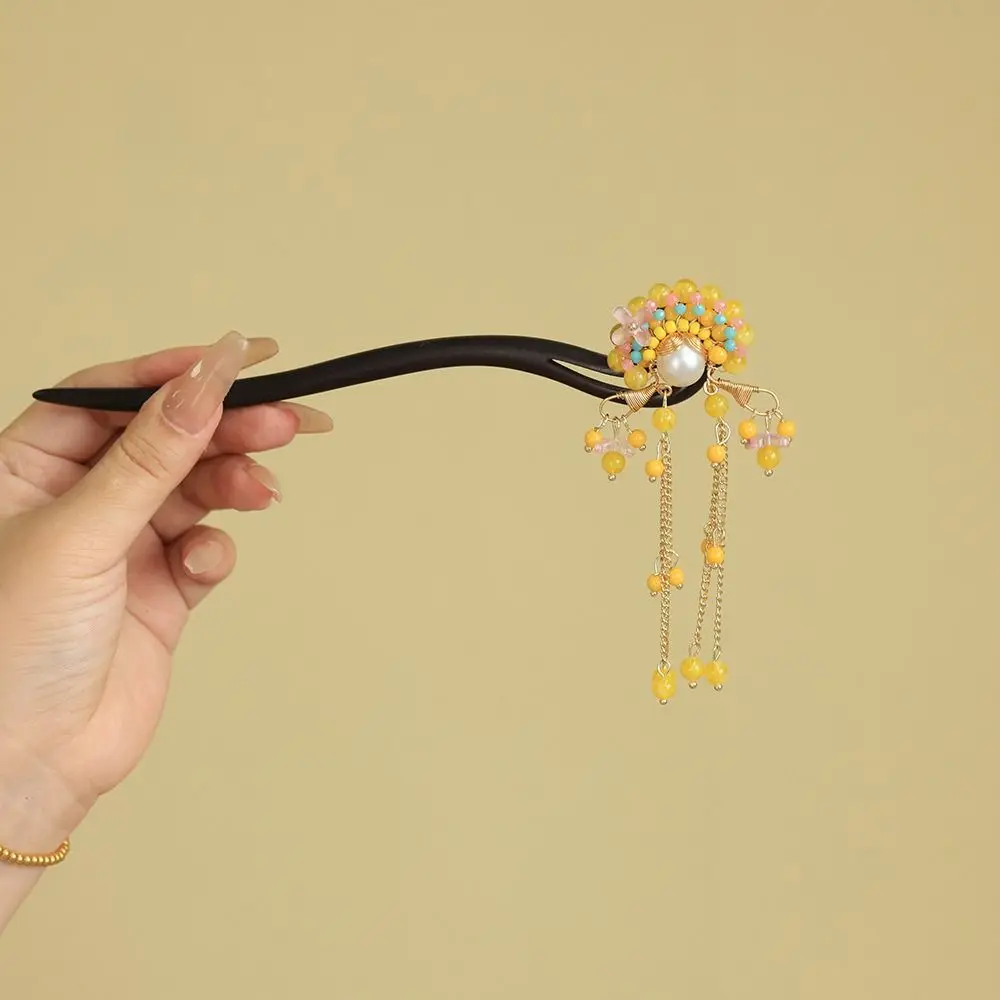 

Элегантная заколка для волос в новом китайском стиле с кисточками, жемчугом и красной деревянной вставкой, винтажный цветочный декор, украшение для волос в стиле «лошадиная грива» для девочек