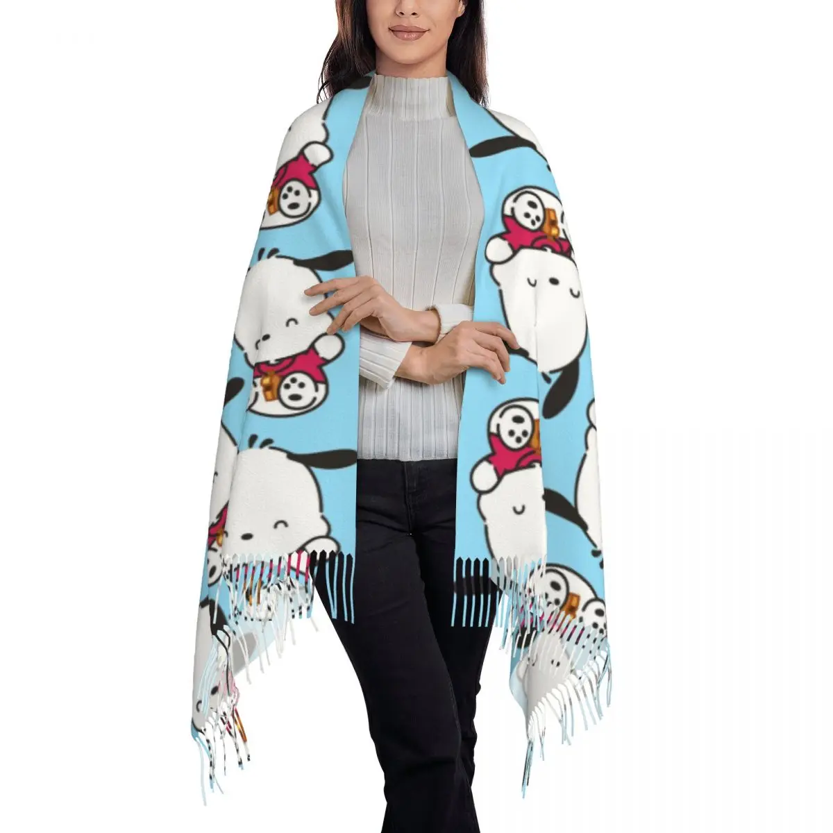 Изготовленный на заказ шарф с героями мультфильмов Pochacco для женщин, длинные зимне-осенние теплые шаль с кисточками, шарфы унисекс