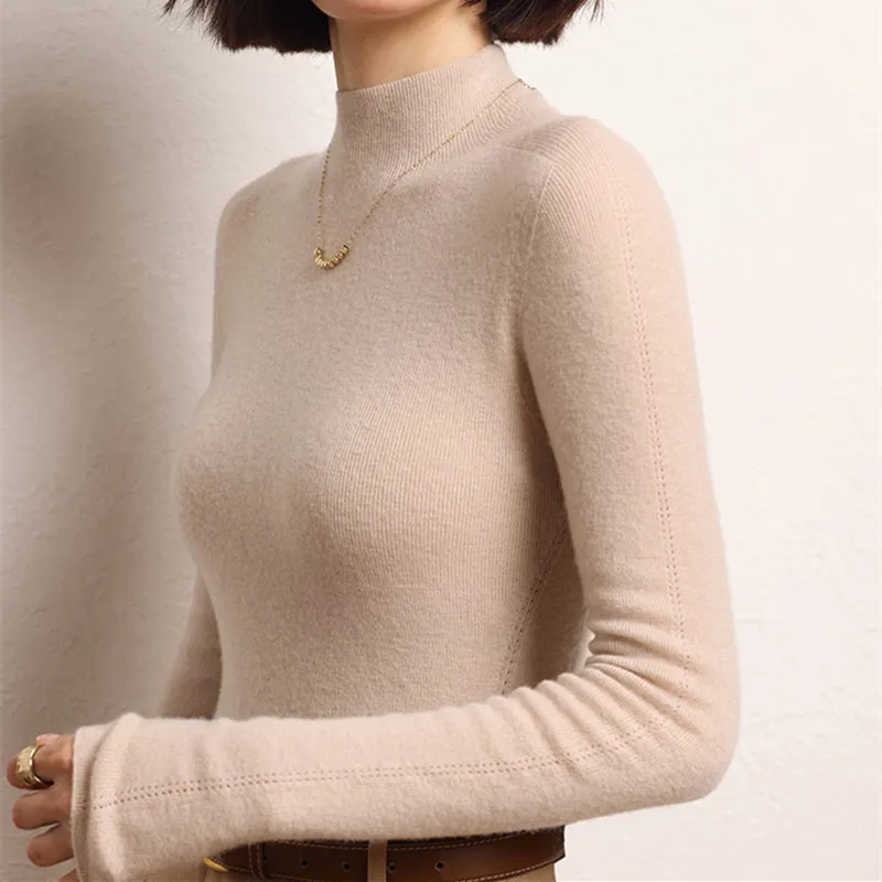 

Autumn 100% Cashmere Knit Soft Fine Yarn Half Turtleneck Pullover Sweater Fashion Comfortable Subcoating Knitwear Women Shirt