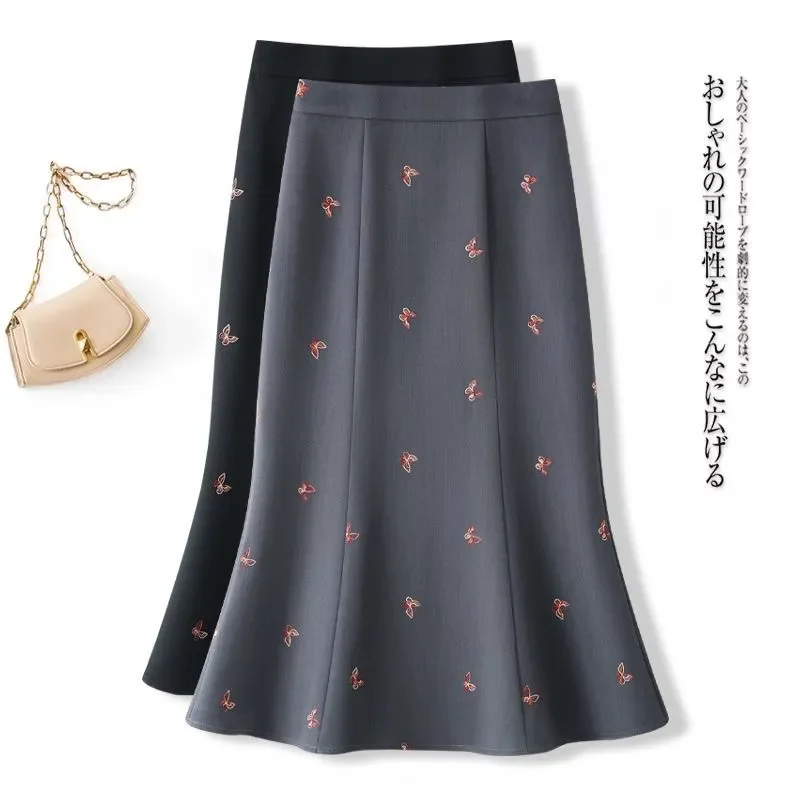 Women Elegant Spring Summer High Waist Midi A Line Skirt Butterfly Embroidery Suit Fabric Mermaid Hem Skirt