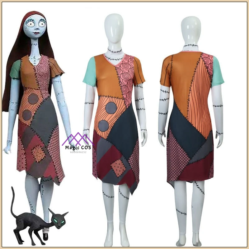 

Hot Movie Character Sally Skellington Cosplay Full Set Classic Costume Wigs Bow Gloves High Quality Anime Clothes (Adult)