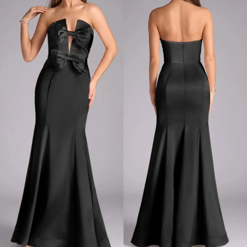 

Customized Charmeuse Bows Temperament Strapless Black Mermaid Long Dresses Bespoke Occasion Evening Dress Elegant Party Wedding