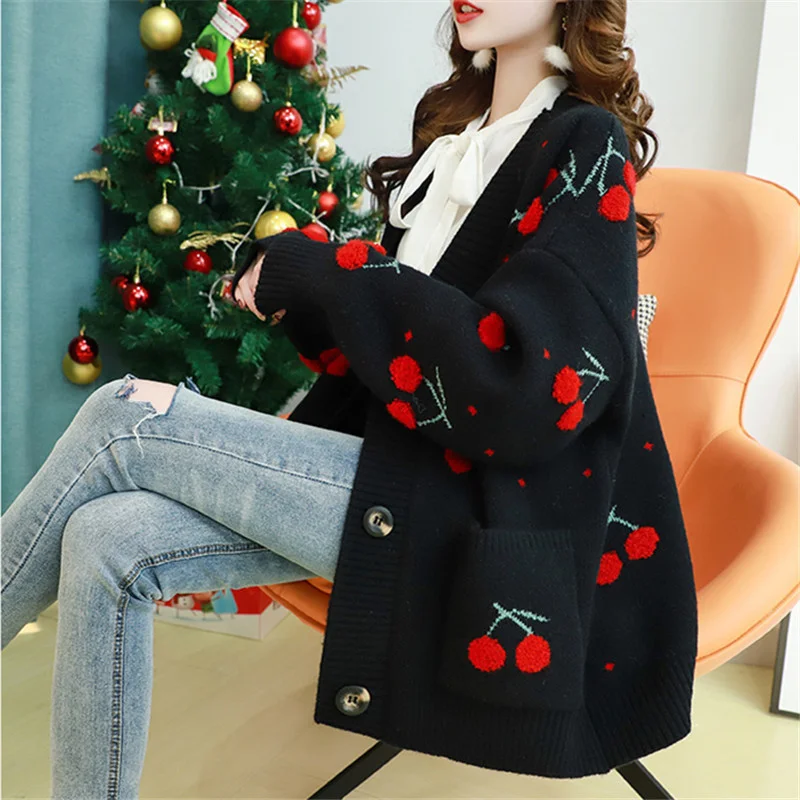 Autumn Winter V-Neck Long Sleeve Sweater Cardigan Women Jacket Coat Loose Thick Warm Knitwear Cherry Embroidery Knitted Cardigan