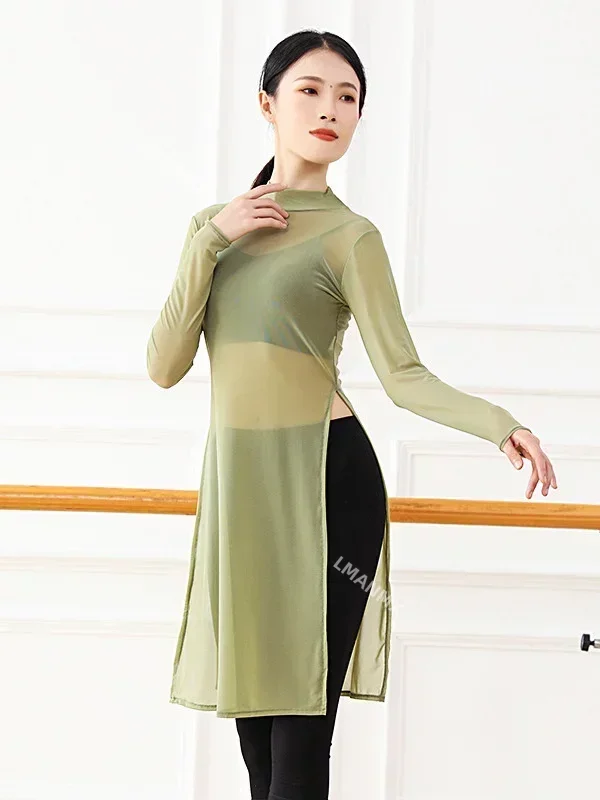 Classic Dance Body Rhyme Dance Training Service Training Body Mesh Dress manica lunga Yoga Classic Elastic Mesh Dress