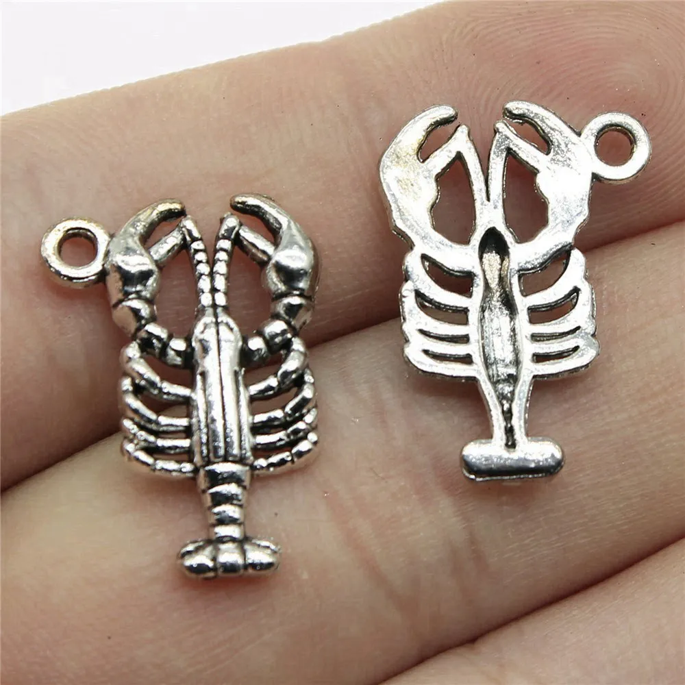 20pcs/lot 21x15mm Shrimp Charms For Jewelry Making Antique Silver Color 0.83x0.59inch