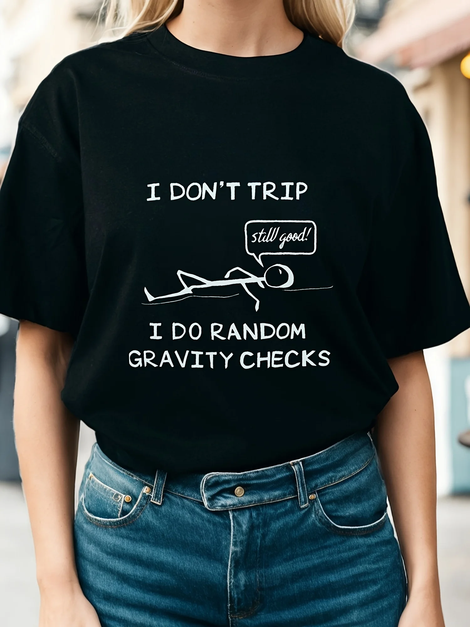 Camiseta feminina I DON T TRIP de algodão com ajuste confortável, ajuste regular, tecido leve elástico