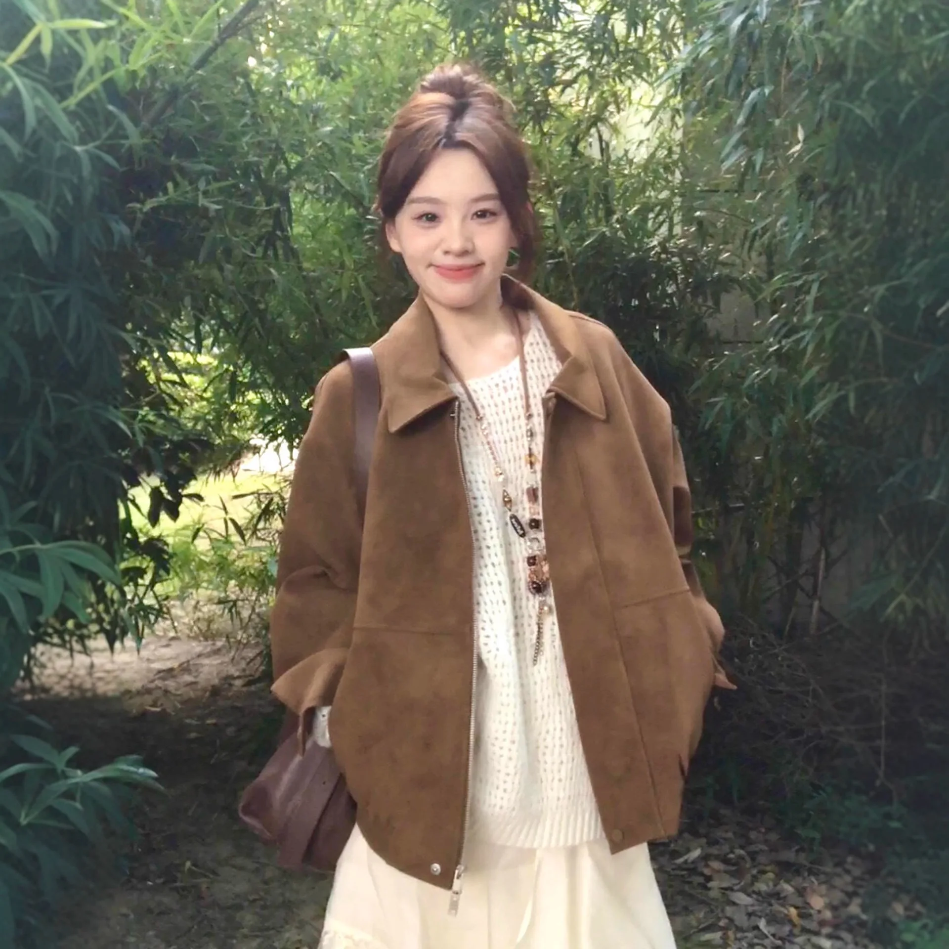 

Suede Jacket Women's Retro Spring and Autumn 2025 New Fashion Sense Small Lapel Loose Casual Jacket Top