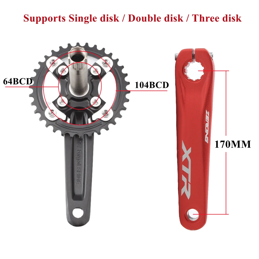 ZEROING XTR Bicycle Crank Arm 104/64BCD Integrated MTB Crank with Bottom Bracket Ultralight Hollow Bike Crankset Fit Shimano