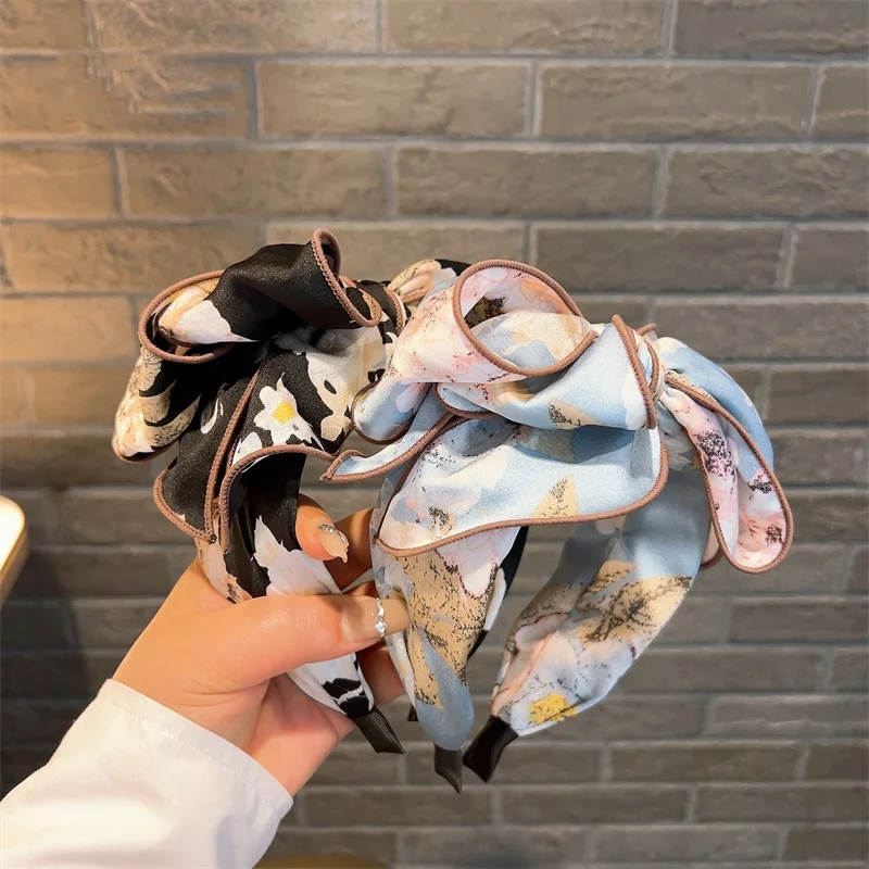 Vintage Floral Print Satin Knotted Headbands for Women Ladies Daily Shopping Party Headpiece Chic Wide Head Hoop for Adult