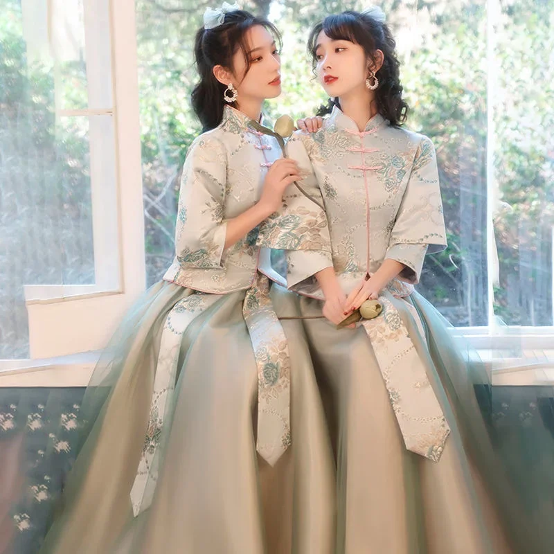 

Women Chinese Style Costume Lady Bridesmaid dress Tang Suit Party Show Cheongsam Wedding Cosplay Pink&Green 2PC 2025 Hot Sale