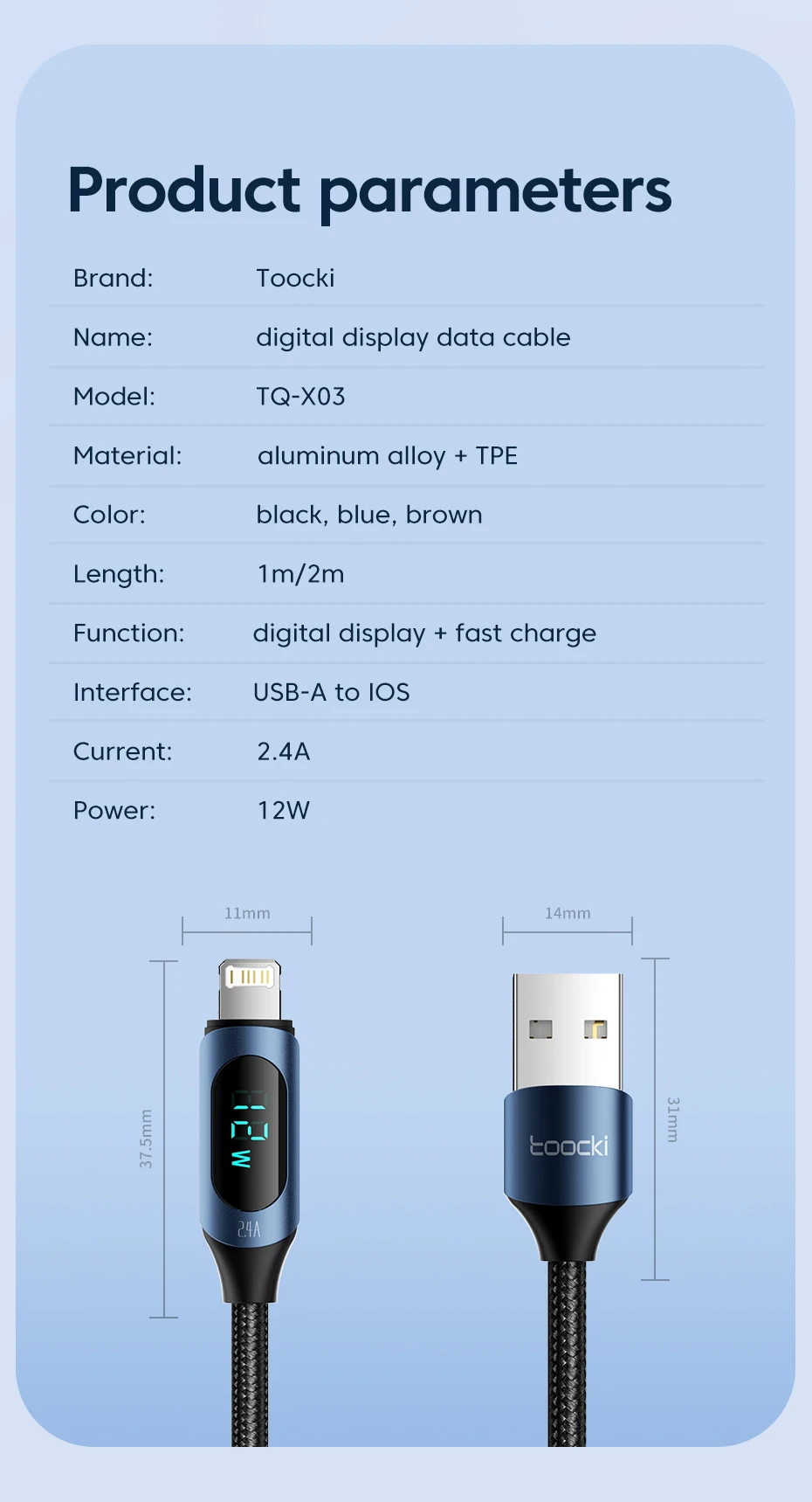 Toocki USB-Lightning-Kabel 2.4A Digital-Display-Kabel für iPhone 14 13 12 Pro Max 8 7 6 5 für iPhone Lightning-Ladekabel – Detail 12