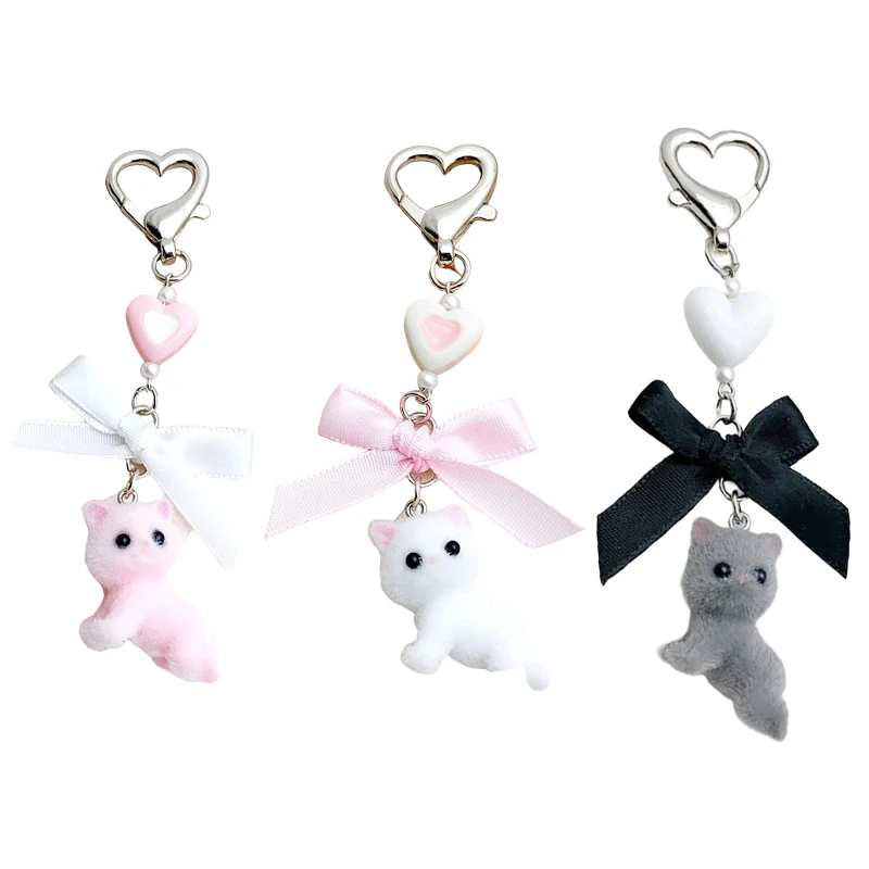 Y2K Flocking Cat Bow Heart Keyring Cute Cartoon Keyring Car Key Ring Bag Pendant Earphone Hanging Decor Key Holder