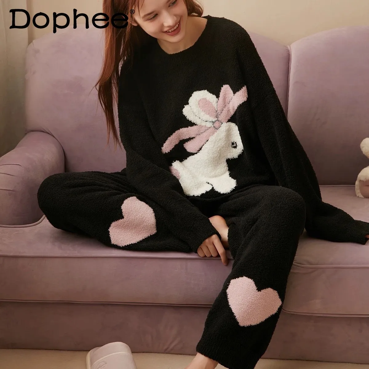 

Autumn Winter New Sweet Cute Cartoon Bear Bow Pajamas Round Neck Set Casual Loose Sweet Girl Plush Pajamas Set Homewear