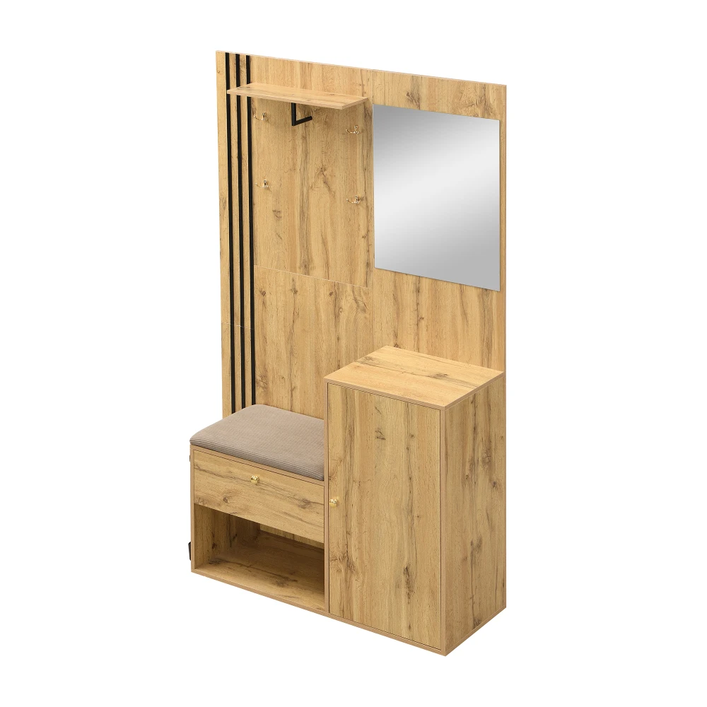 Kleiderschrank-Set, kompakter Flur-Kleiderschrank mit Spiegel und Kissen mit schwarzem Zierstreifen, Regal, Flur-Kleiderschrank, Schuhschrank – Detail 11