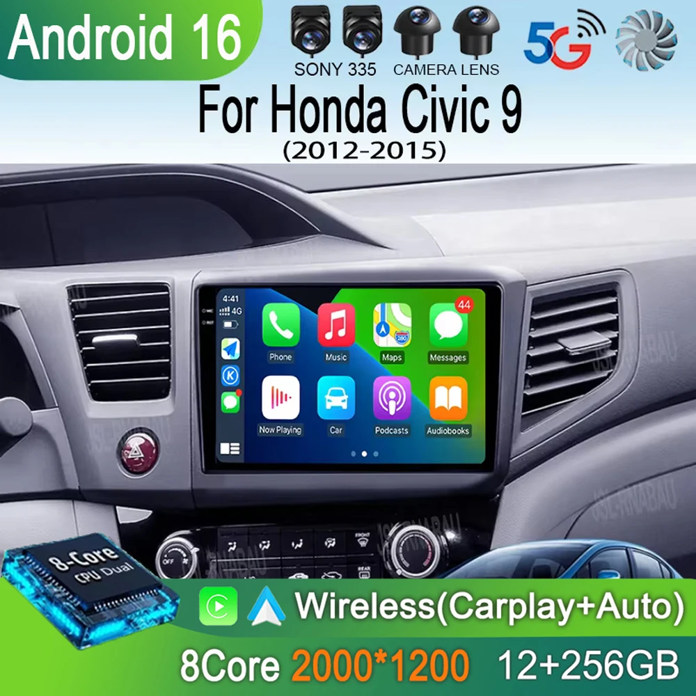 

Автомагнитола Android 16 с беспроводным CarPlay и Android Auto для Honda Civic 9 2012-2015, 2 DIN, GPS, DSP, Wi-Fi