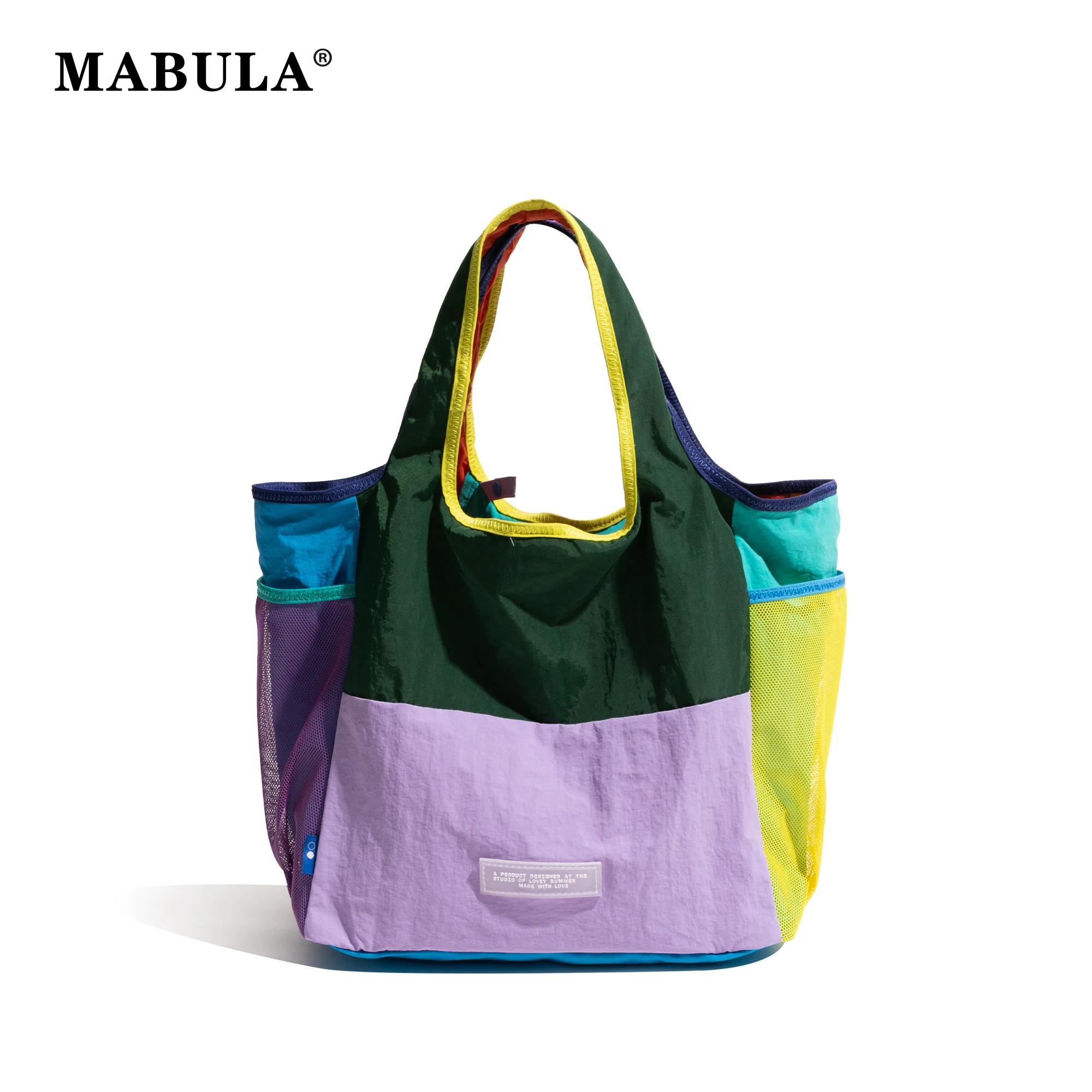 MABULA Color Block Lightweight Nylon Tote Bag Mesh Side Pockets Foldable Shoulder Handbag,Casual Large Capacity Shopping Travel