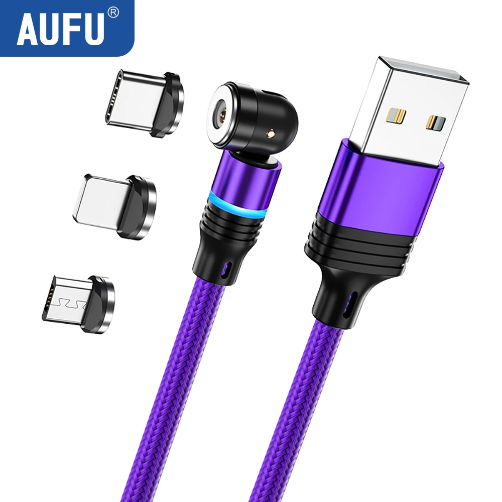 AUFU 3 in 1 540 Rotate Magnetic Type C Cable Micro USB Magnet Fast Charging Cable With LED For iPhone Xiaomi Huawei Samsung POCO