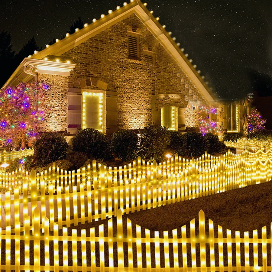 8 Pack Lighted Garden Fence Light 8 Modes White Picket Fence Lamps Christmas Tree Fence Lights Plug in for Landscape Patio Decor