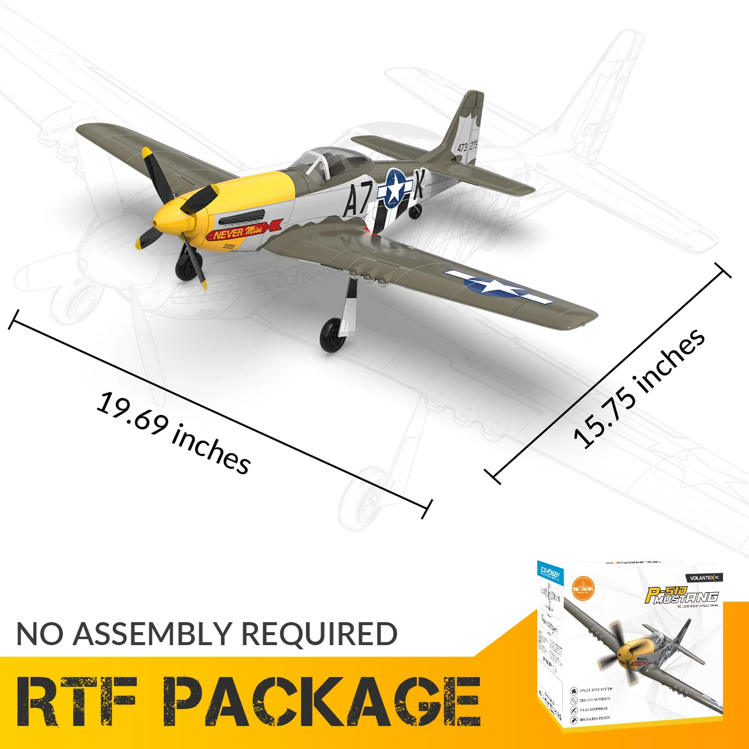 طائرة Volantex مقاس 500 مم RC، طائرة P-51 Mustang RTF RC بدون فرش، بهلوانية بمفتاح واحد، ثابتة وآمنة، مناسبة للاستخدام في الهواء الطلق والهدايا #3