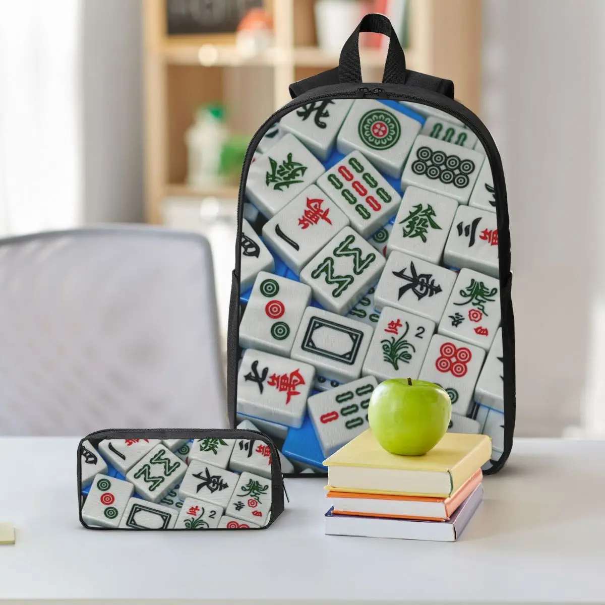 Mahjong Tile Pattern Backpack Student BookBag School Bag Shoulder Bags 3ps Insulated Lunch Bag Pencil Case