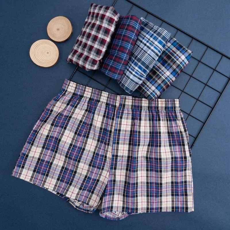 4 Pcs Mens Plaid Underwear Cotton Shorts Boxers Casual Sleep Underpants Comfortable Homewear Male Striped Beach Panties L-3XL