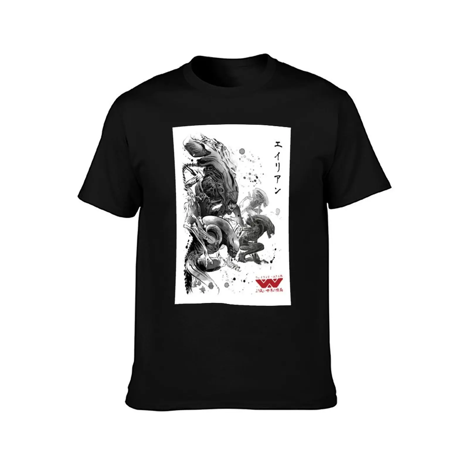 Xenomorphs Invasion sumi-e T-Shirt Summer Casual Cotton Tee Oversized Streetwear Tops Vintage Graphic Print Unisex Men Women