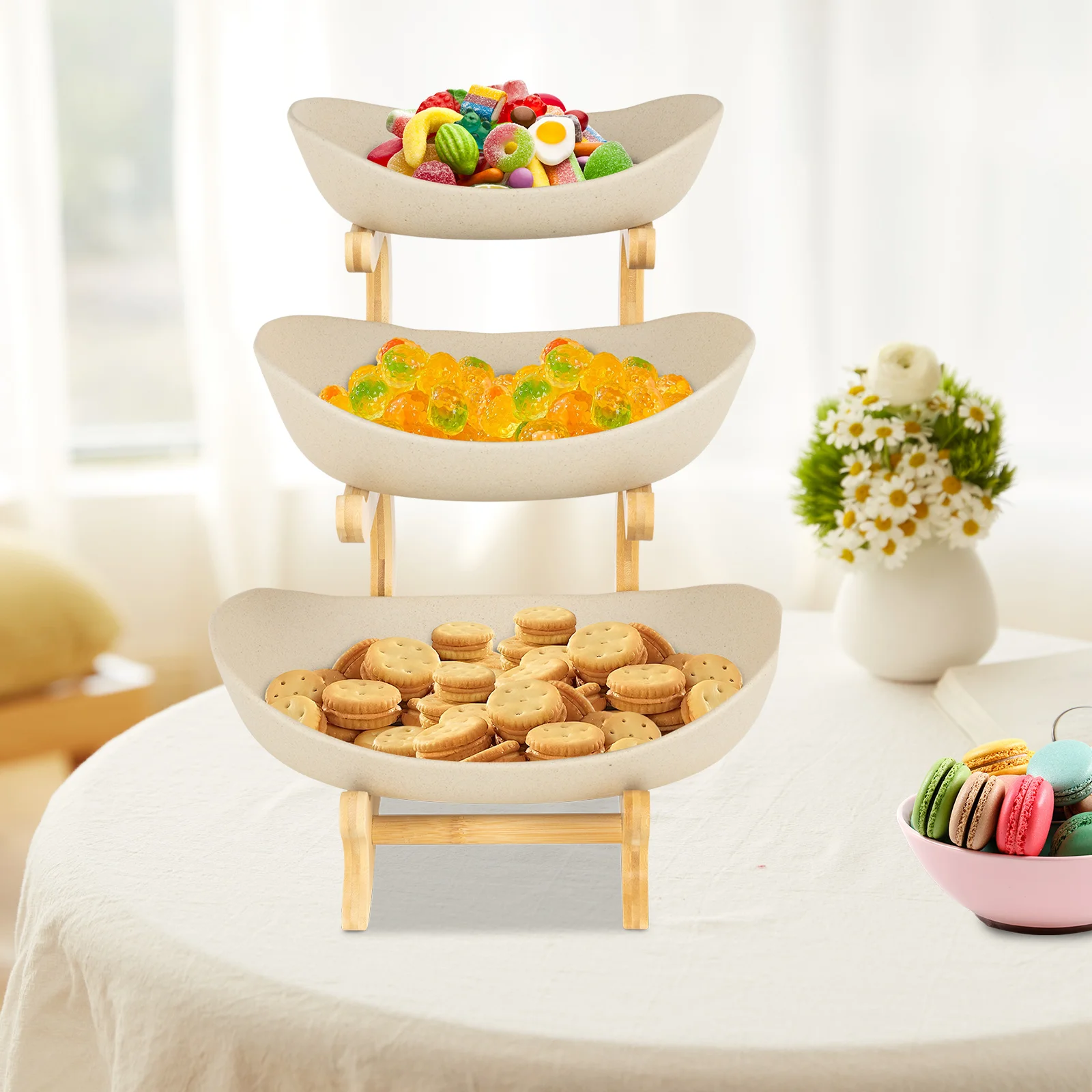 

3-Tier Ceramic Fruit Bowl, Oval Bamboo Frame, Earthy Brown - 3-Layer Serving Tray for Fruits, Snacks, Desserts - Party Display