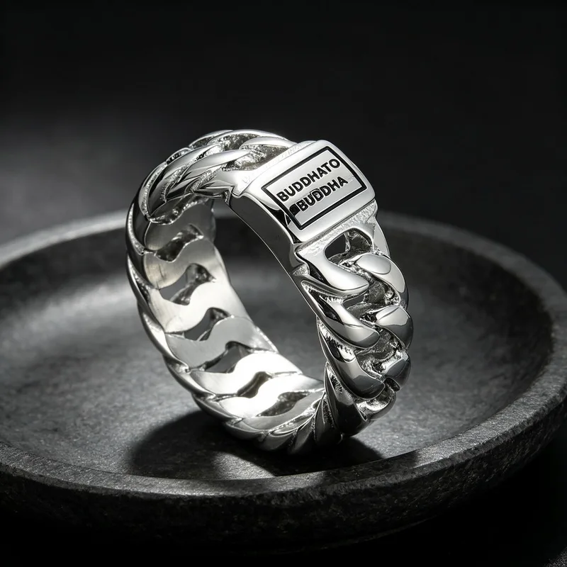 KALEN 8mm Edelstahl Cuban Link Ring für Männer Vintage Gravierter Ring Männlicher Fingerring Biker Party Schmuck Geschenk – Detail 3