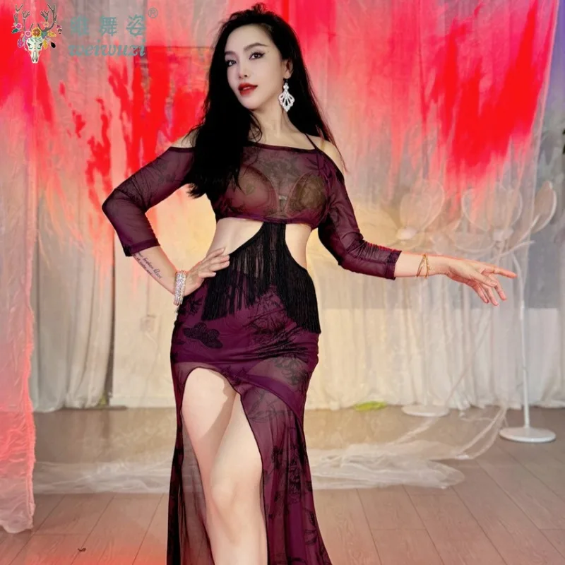 BellyDance 편안하고 통기성이 뛰어난 프리미엄 프린트 세트 성인 오리엔탈 댄스 공연 의상 소녀 댄스 연습복