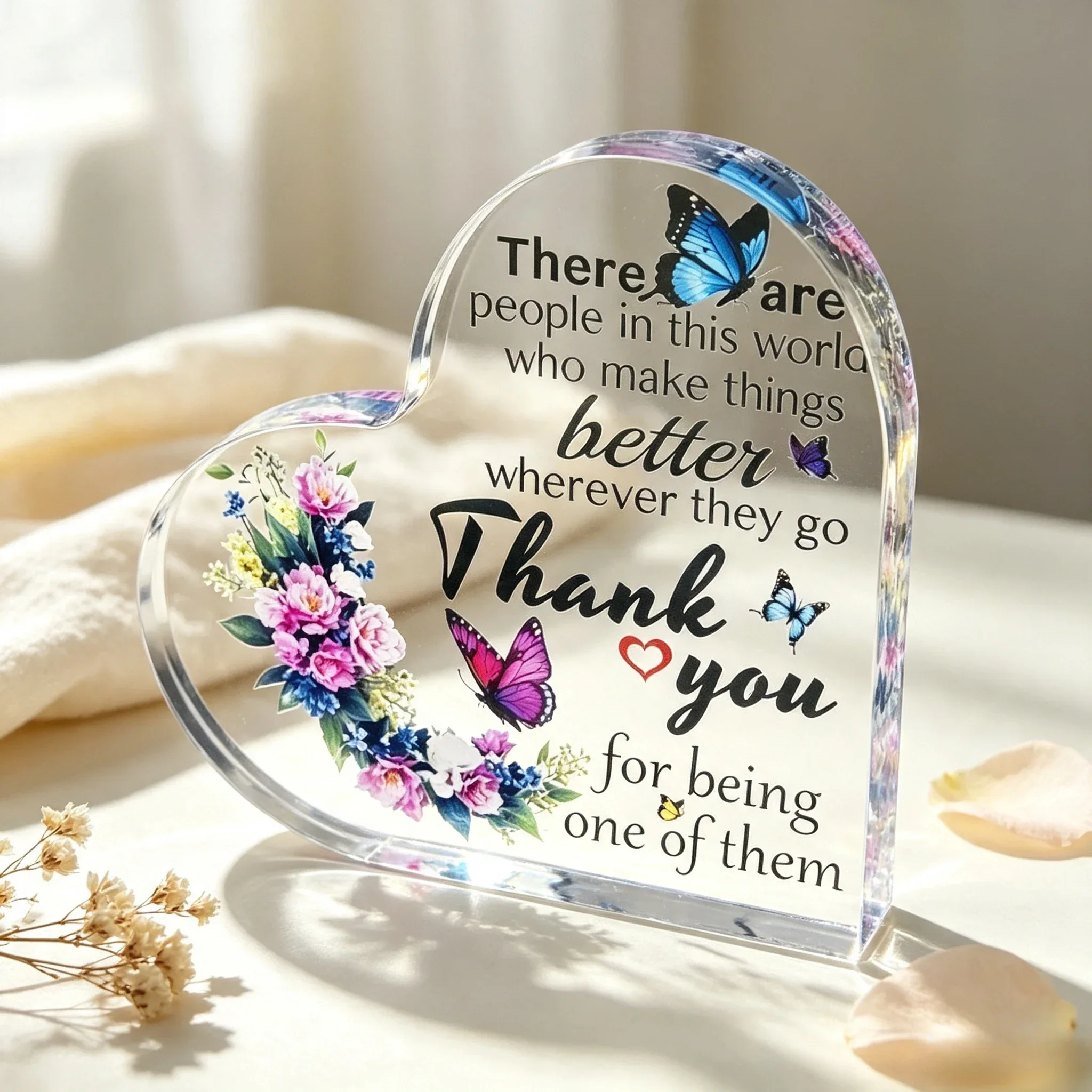 Heart Acrylic Plaque Thank You Floral Butterfly Decor Gift For Friend Colleague,Colorful Butterfly Flower Acrylic Heart Keepsake Gratitude Appreciation Gift