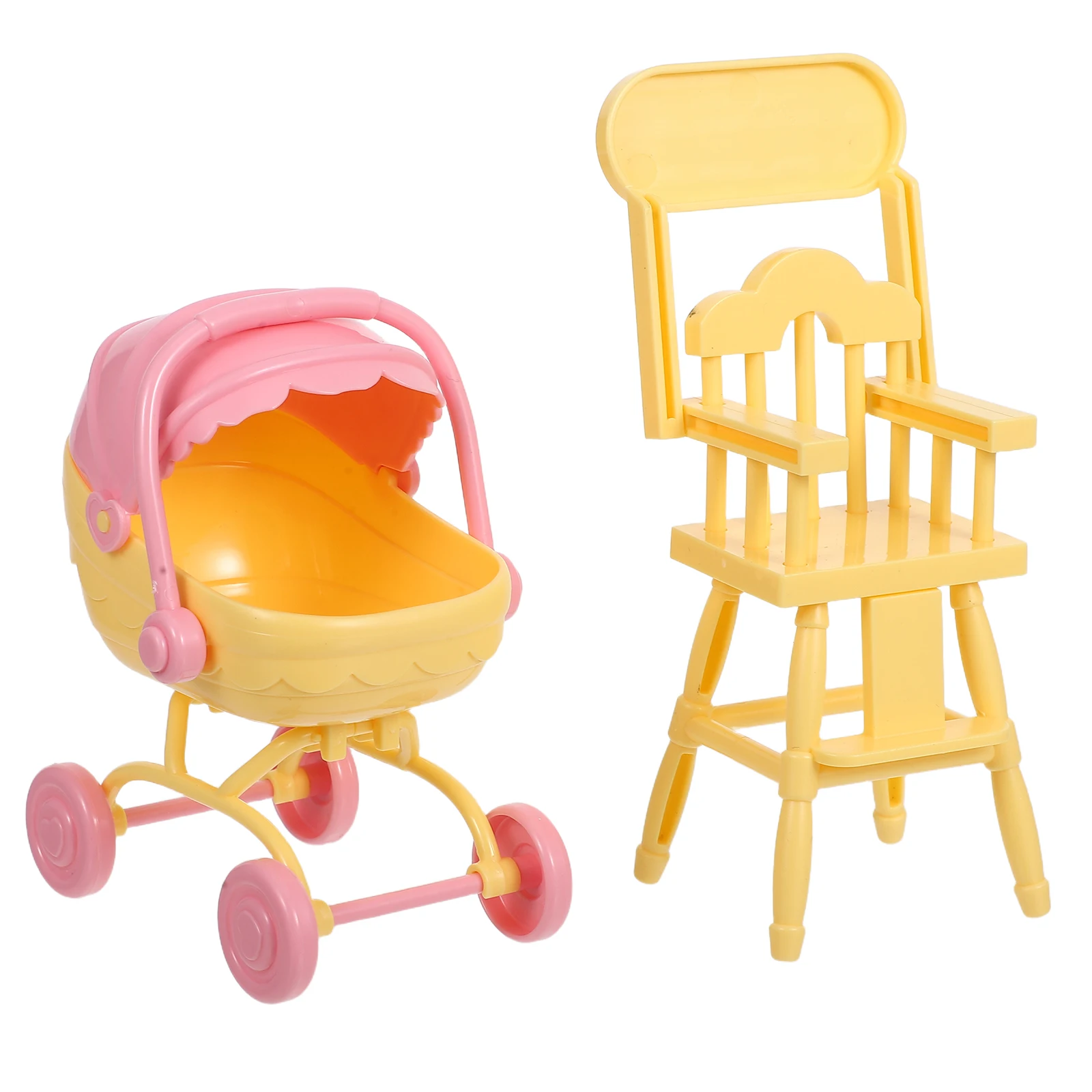 

2pcs Mini Dollhouse Accessories Realistic Baby Stroller Highchair Toy Set ABS Plastic Nursery Furniture for Toddler Pretend Play