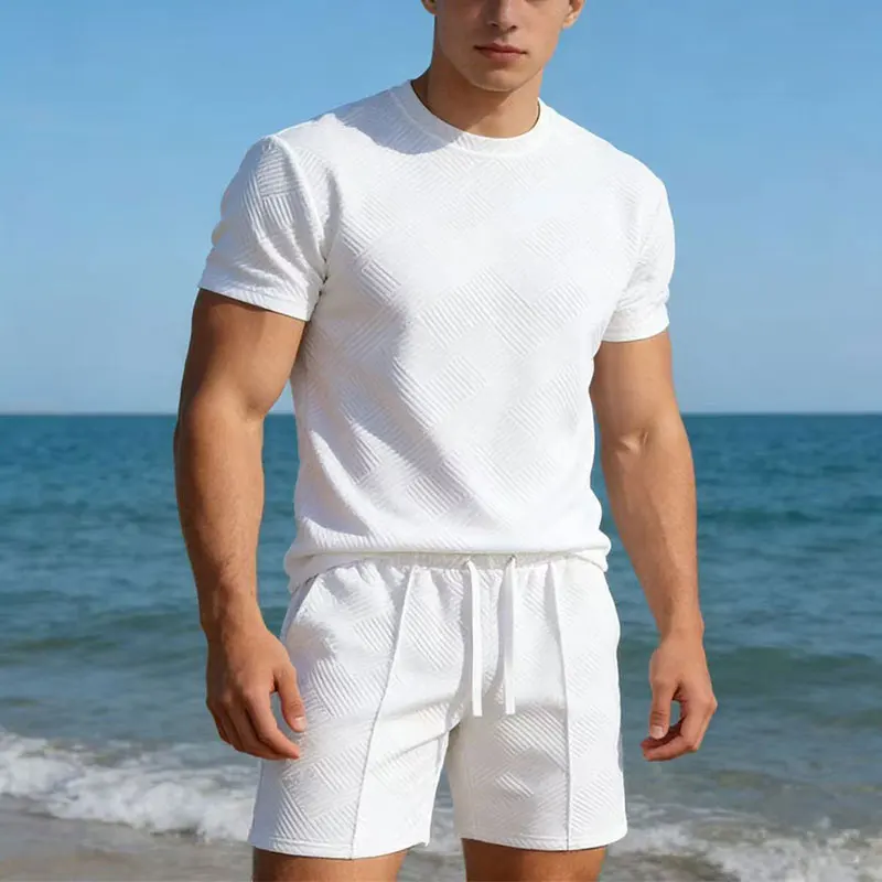 2026 Round Neck T-shirt Sports Suit Men's Texture Casual Short Sleeved Shorts Two-piece Set New Workout Short Sleeve