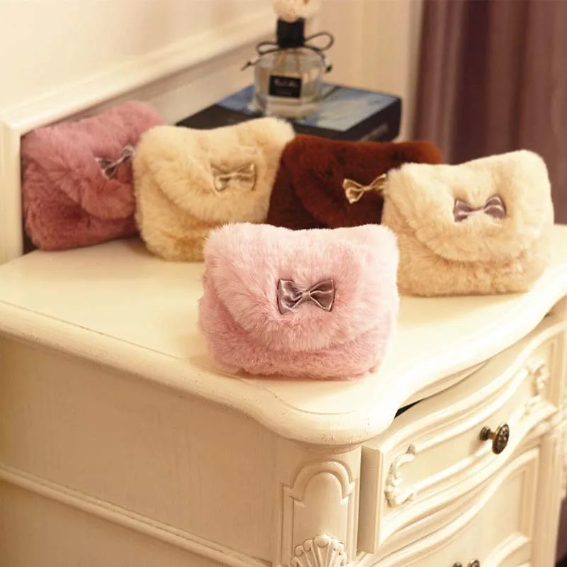 Children Plush Shoulder Bag Winter Faux Fur Messenger Bags Princess Girl Small Handbags Kids Backpack Fashion Coin Purse Wallet