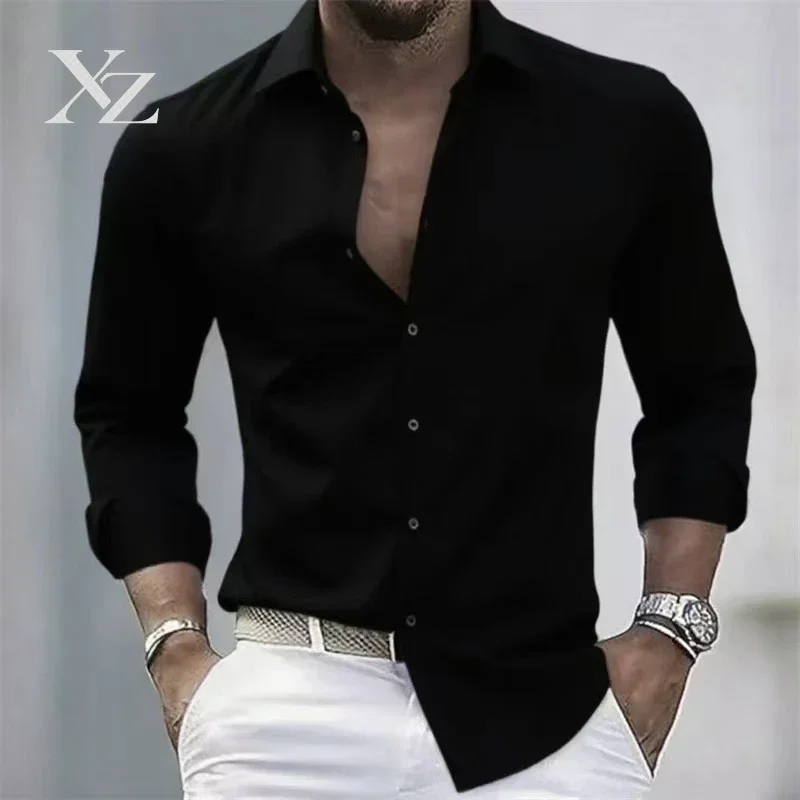 Premium Men's Slim Fit Solid Color Long Sleeved Shirt, Hot Sale High-End Plus Size Top for Commuting Daily Wear