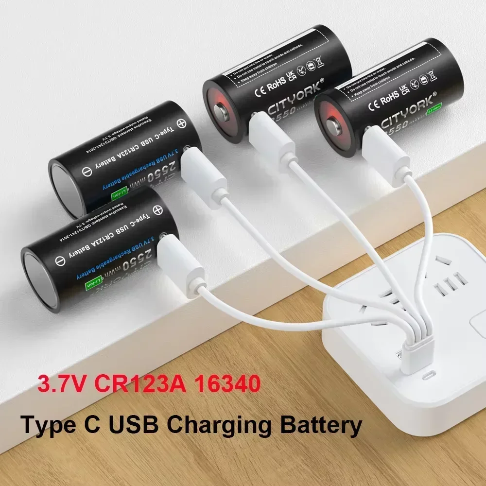 CITYORK 2550mWh 3.7V 16340 16350 Bateria Recarregável Carregamento USB RCR123 CR123A Li-Ion Btteries Para Com Cabo USB