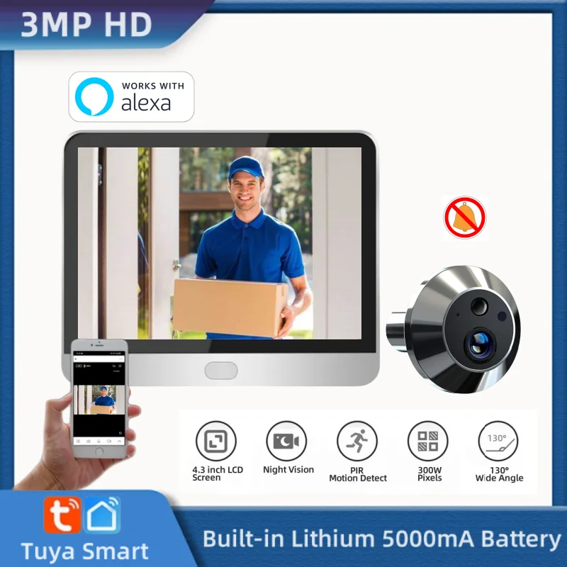 3MP Tuya Smart Wireless House Video Door Eye With Camera Alexa Digital door peepholes 130° Wide Angle PIR Detection For Home