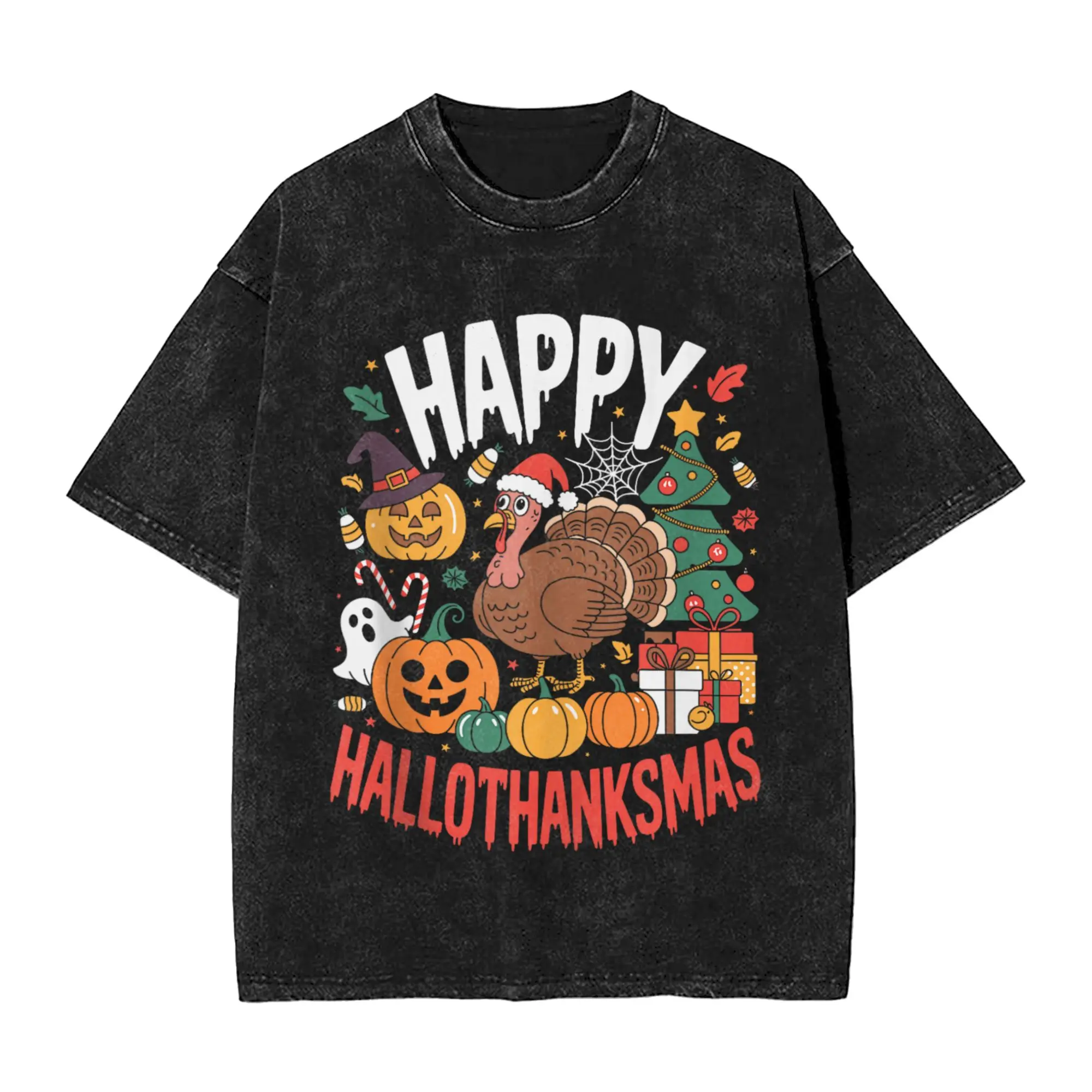 

Funny Halloween Thanksgiving Christmas Happy HalloThanksMas T-Shirt Men Novelty Cotton Tee Shirt O Neck Short Sleeve T Shirts