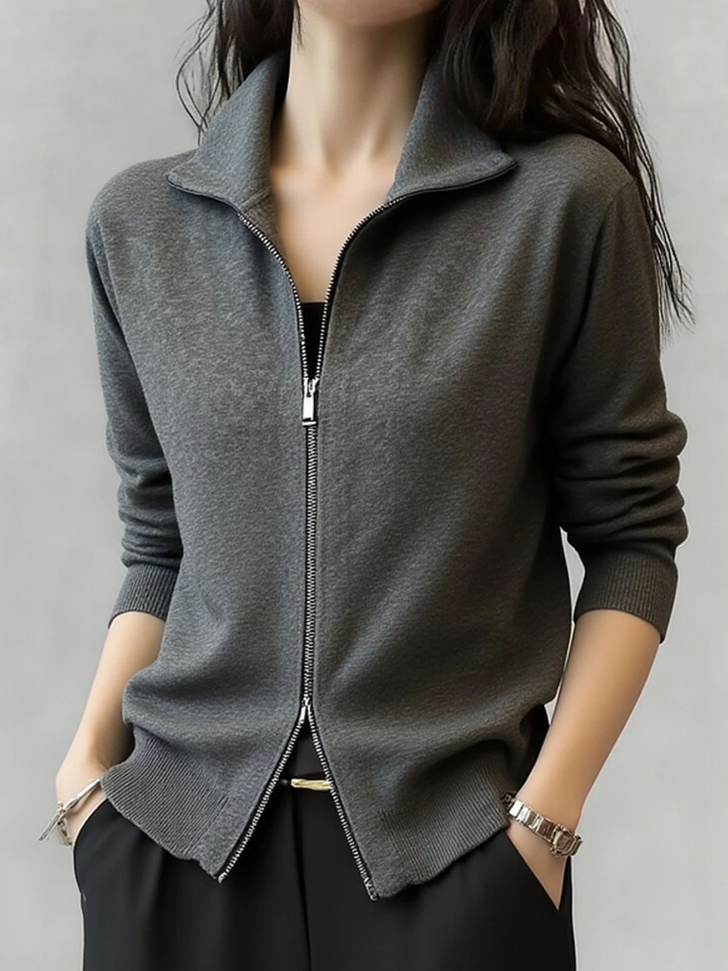 

Slimming Double Zipper Long Sleeve Knitwear Grey Casual Lazy Style Women's Spring Fashion Elegant Loose Fit Soft Knitted Top