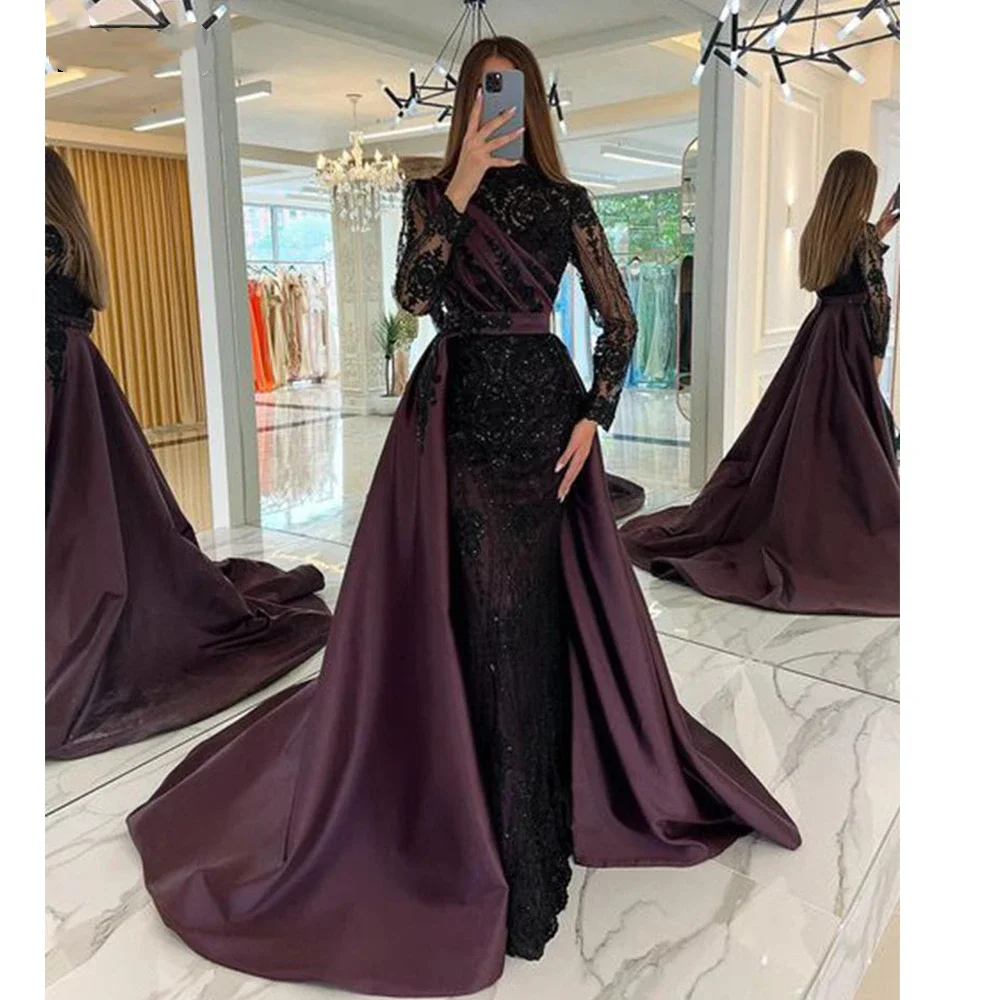 Deep Red Mermaid Evening Dresses Floor Towering High Neck Long Sleeve Sequins Saudi Arabia Long Special Occasion Prom Dresses