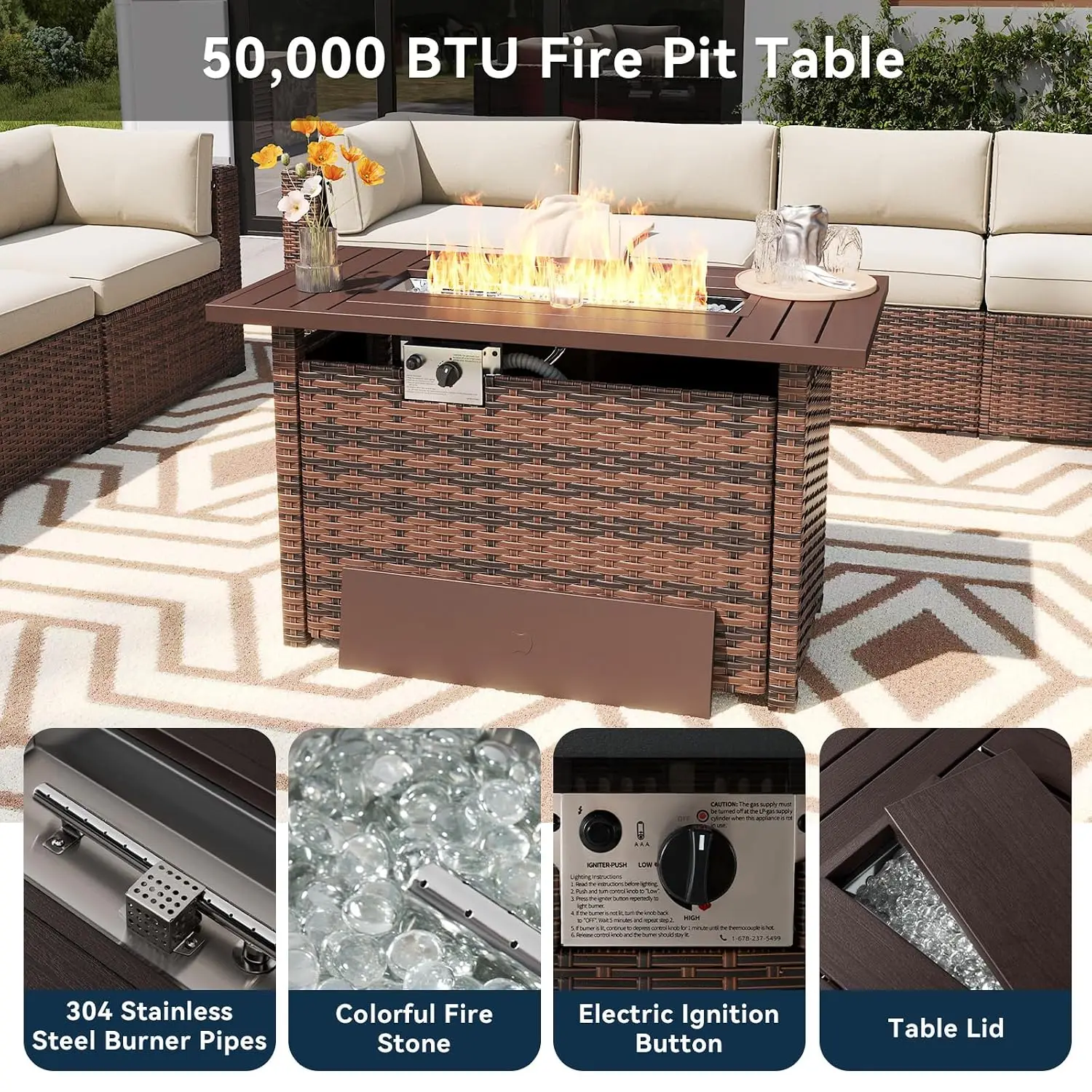 8-Piece Patio Furniture Set with 44in Fire Pit, 4in Thick Cushion Wicker Rattan Conversation Set for Backyard Garden, Customized