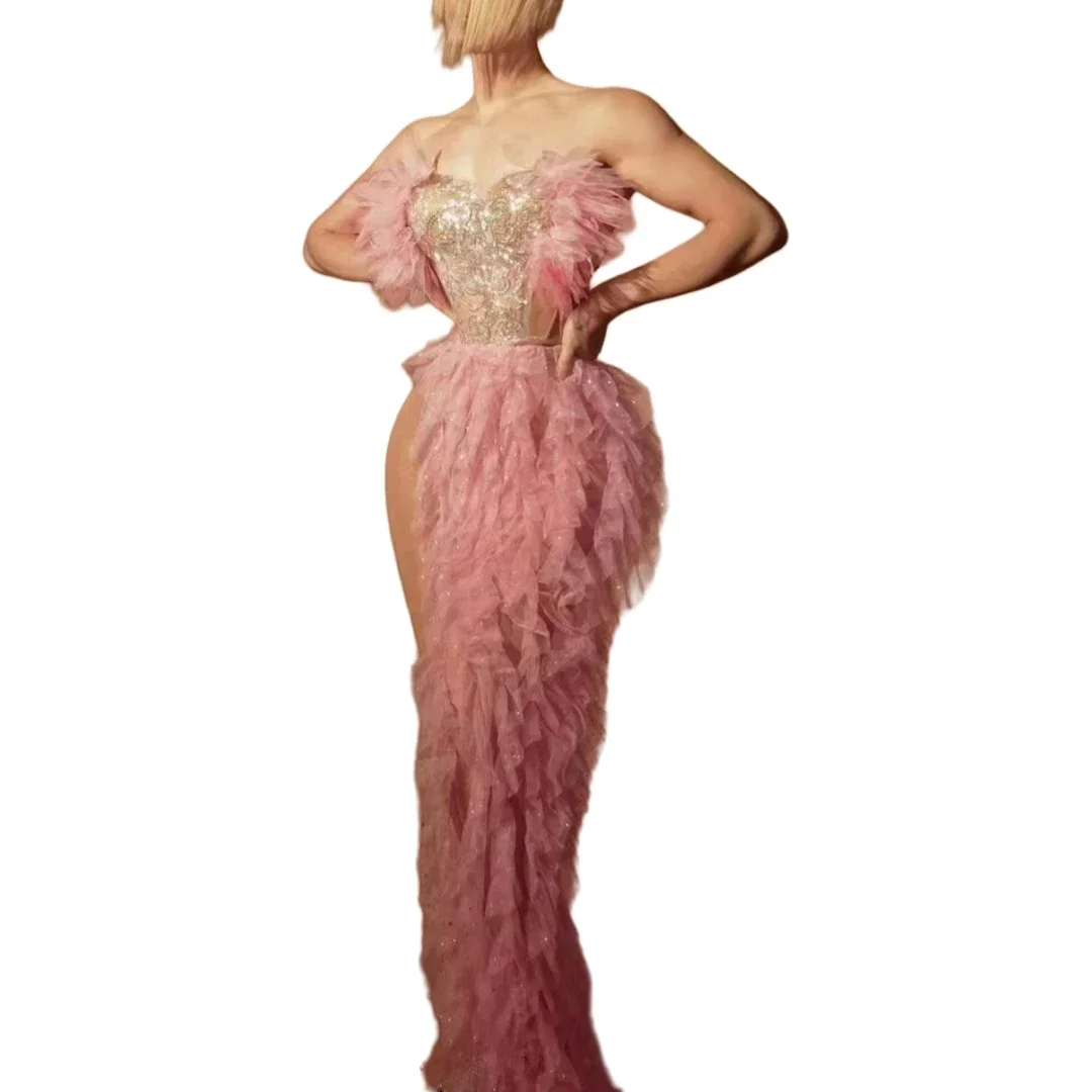 

Платье с рюшами и блестками для женщин, сексуальная королевская ночная клубная одежда, костюм для бальных танцев, реквизит для фотосессии, танцовщица в Лас-Вегасе, черлидинг