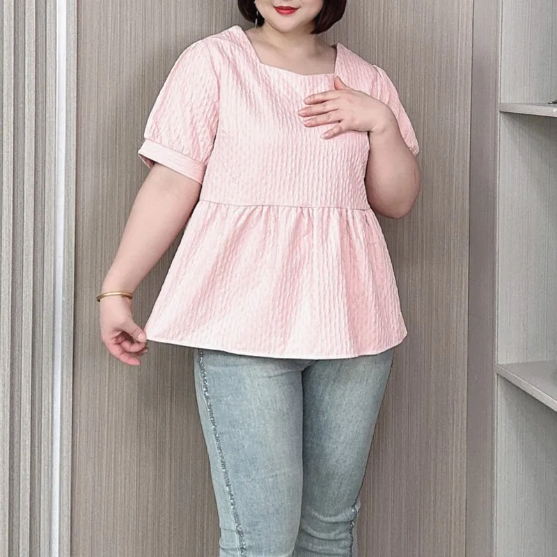 Plus Size Women Summer New Square Collar Blouses Loose Thin Cover Chic Sweet short-sleeved Tops