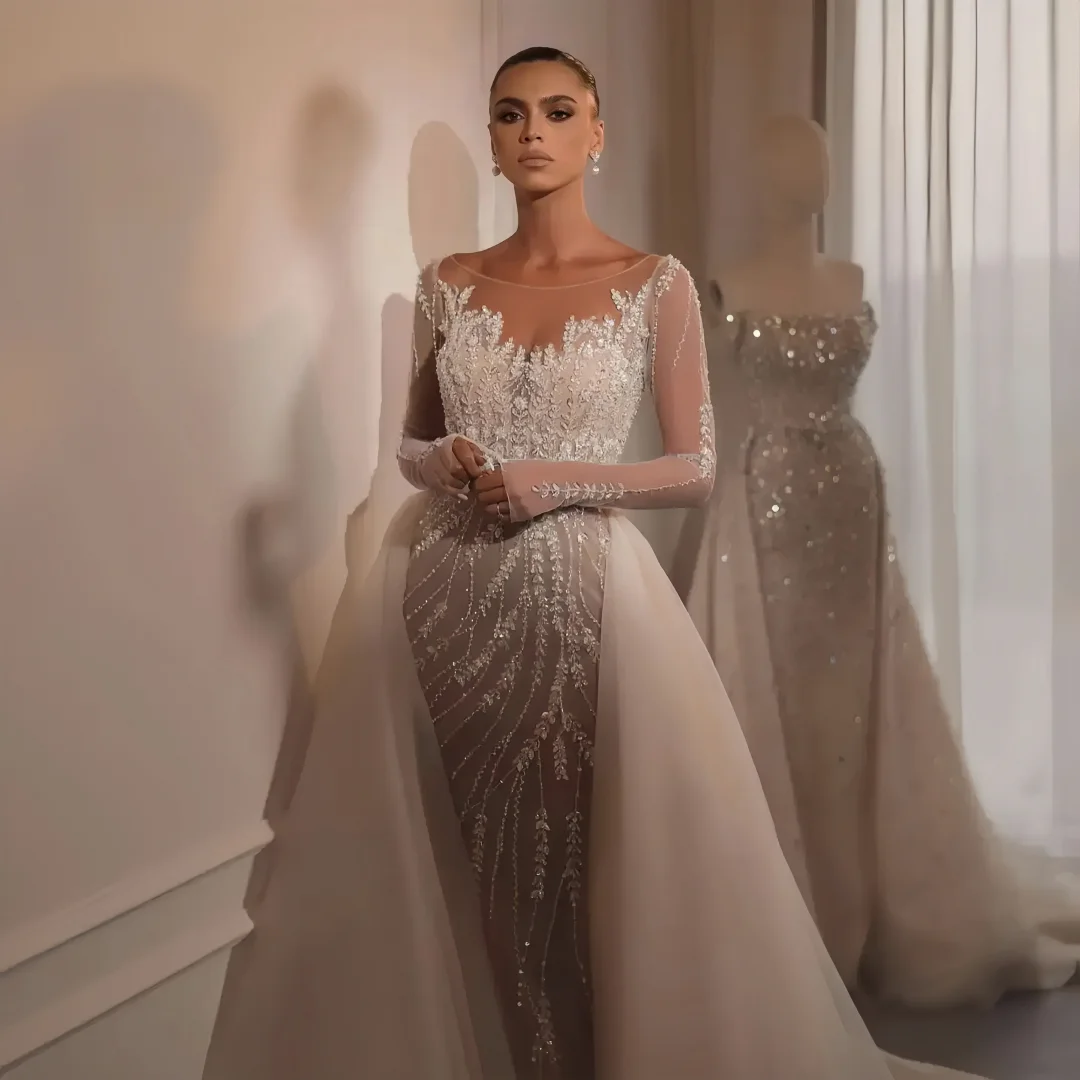 

Customized Luxurious V-neck Wedding Dresses for Women Long Sleeves Lace Appliques Tulle Chapel Train Vestido De Novia