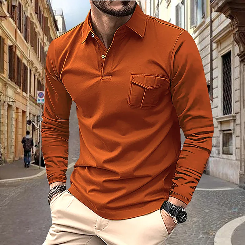 2024 Spring and Autumn Men's Polo Shirt Lapel Pocket T-shirt Men's Business Casual Long sleeved European and American Plus Size