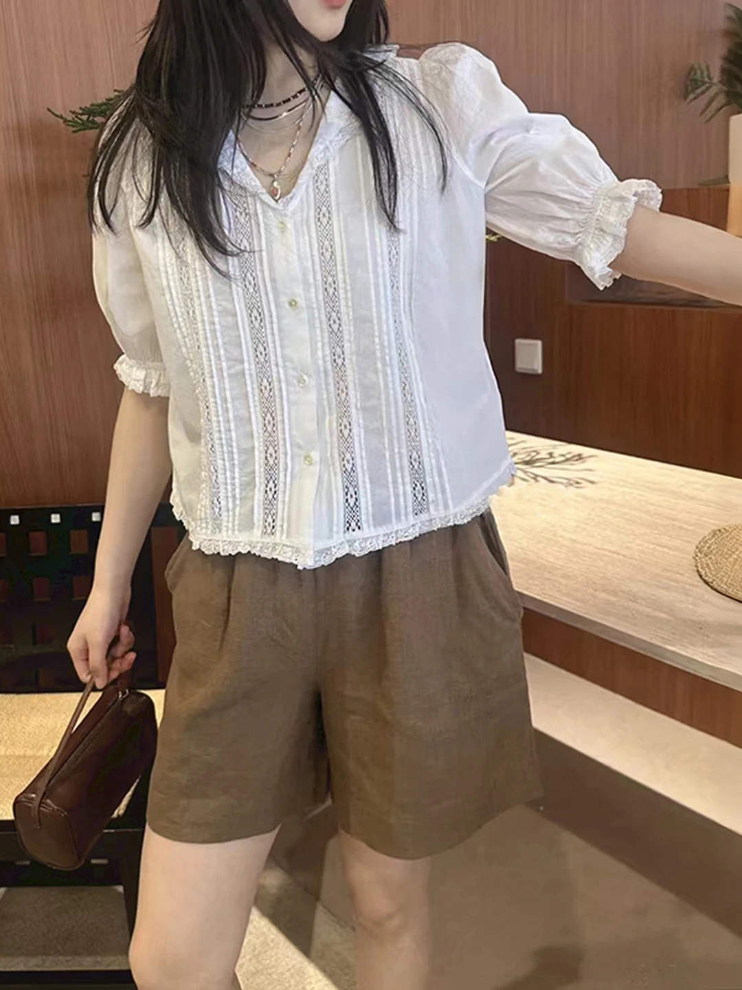 

Sweet Sle Lace Splice Doll Collar Bubble Sve irt Women's Design Sense Blouse Pure Cotton ort Sve Breathable Skin-...