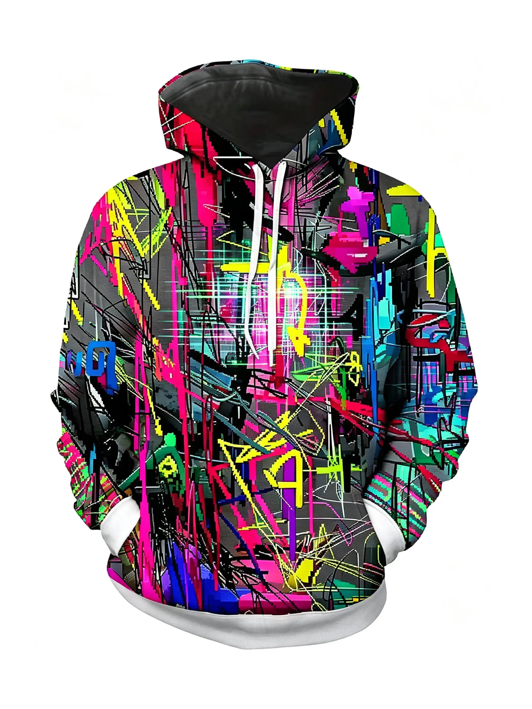 Men's Hoodie Thin Autumn Winter Neon Graffiti Street Art Print Long Sleeve Male Casual Streetwear Sweatshirt Tops Clothes