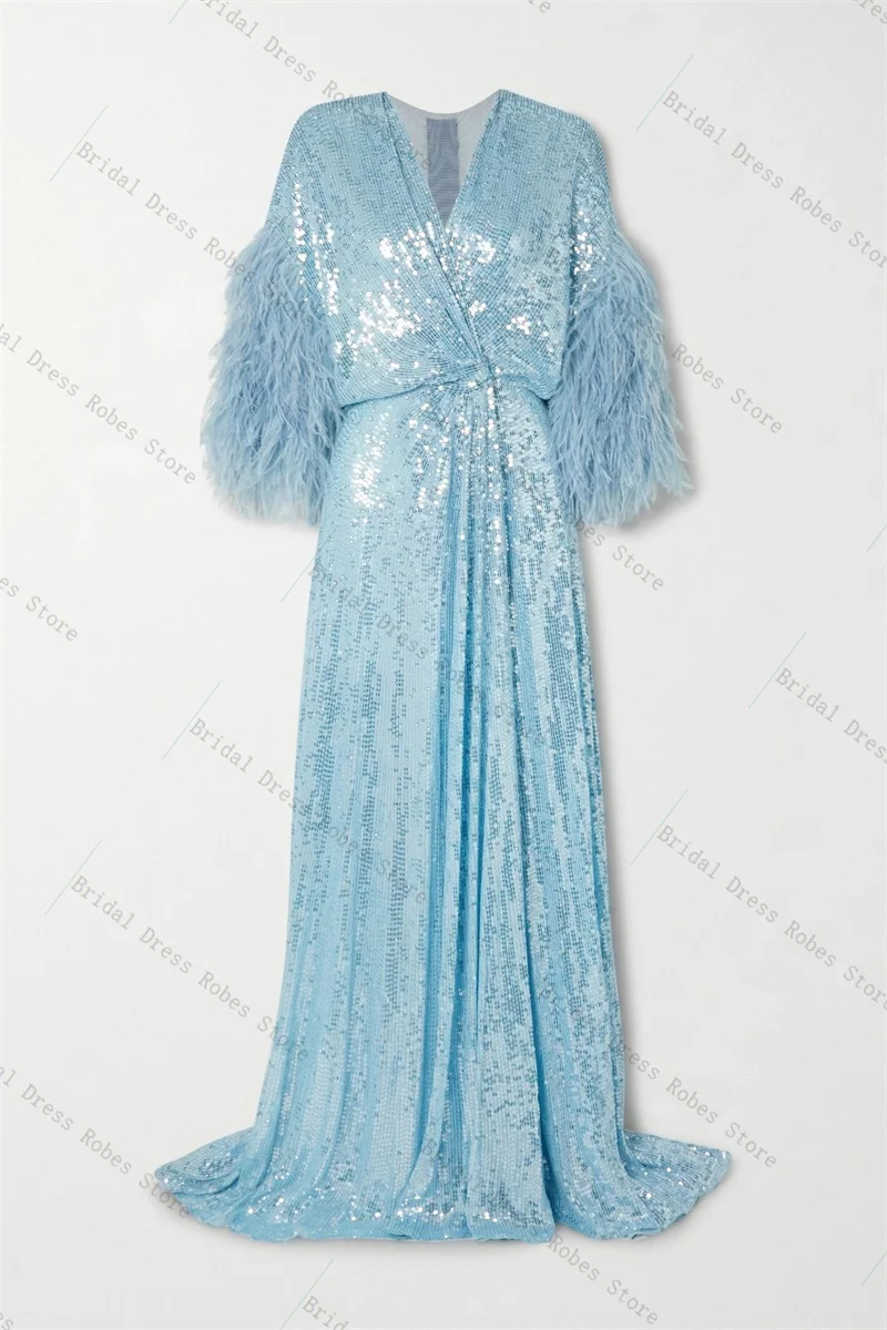 لامعة الترتر ريشة المرأة فستان الزفاف حفلة موسيقية لالتقاط الصور مثير الخامس الرقبة كامل الأكمام الزفاف الصباح رداء مخصص فستان سهرة #3