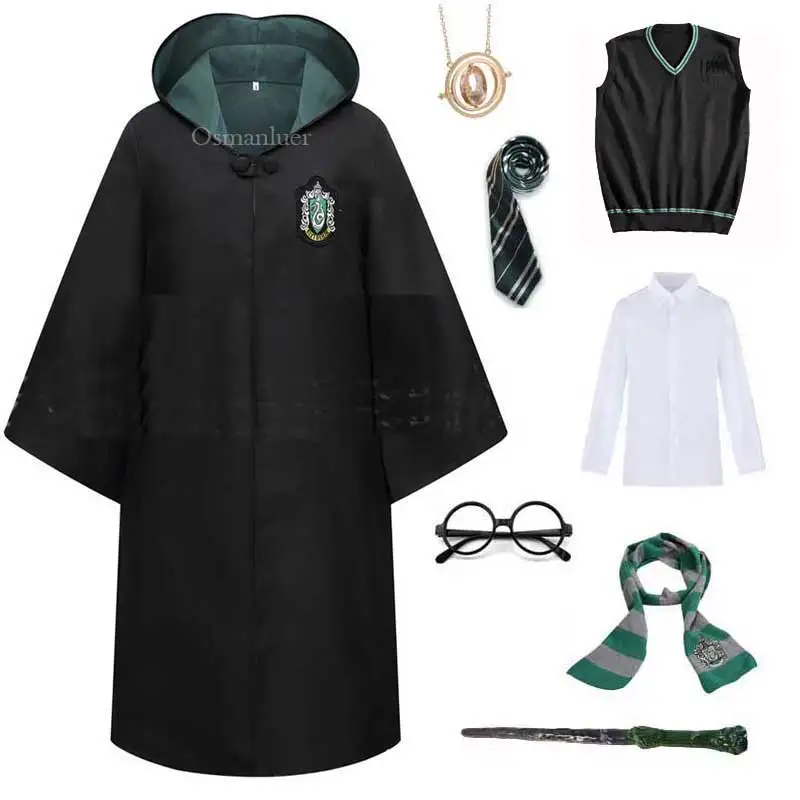 Kids Adult Magic School Uniform Cosplay Slytherin Ravenclaw Robe Cloak Sweater Scarf Tie Wand Halloween Costume